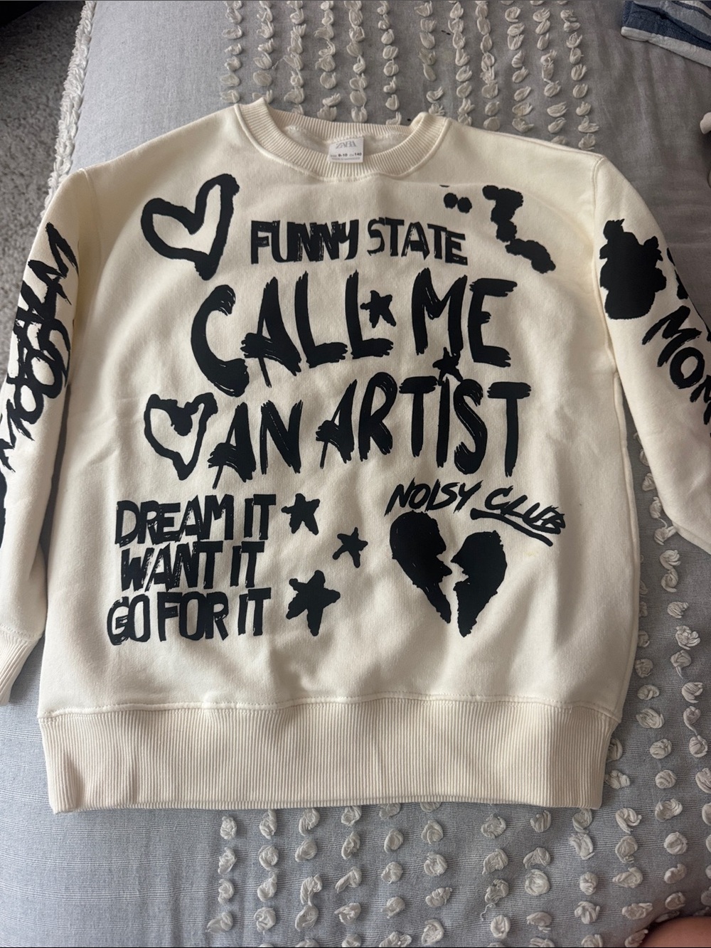 Zara Cream Sweatshirt with Black Graphic Text & Hearts
